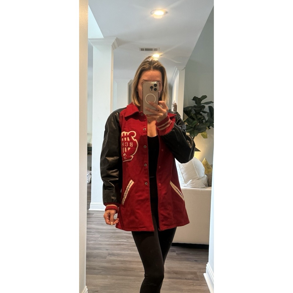 Vintage Varsity Long Letterman‎ Car Coat Wool Leather Jacket Red Black Stadium